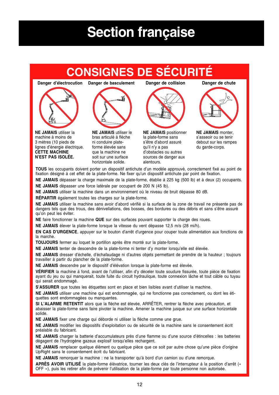 Consignes de sécurité | Snorkel AB46 Electric-sn1000+CE User Manual | Page 12 / 48