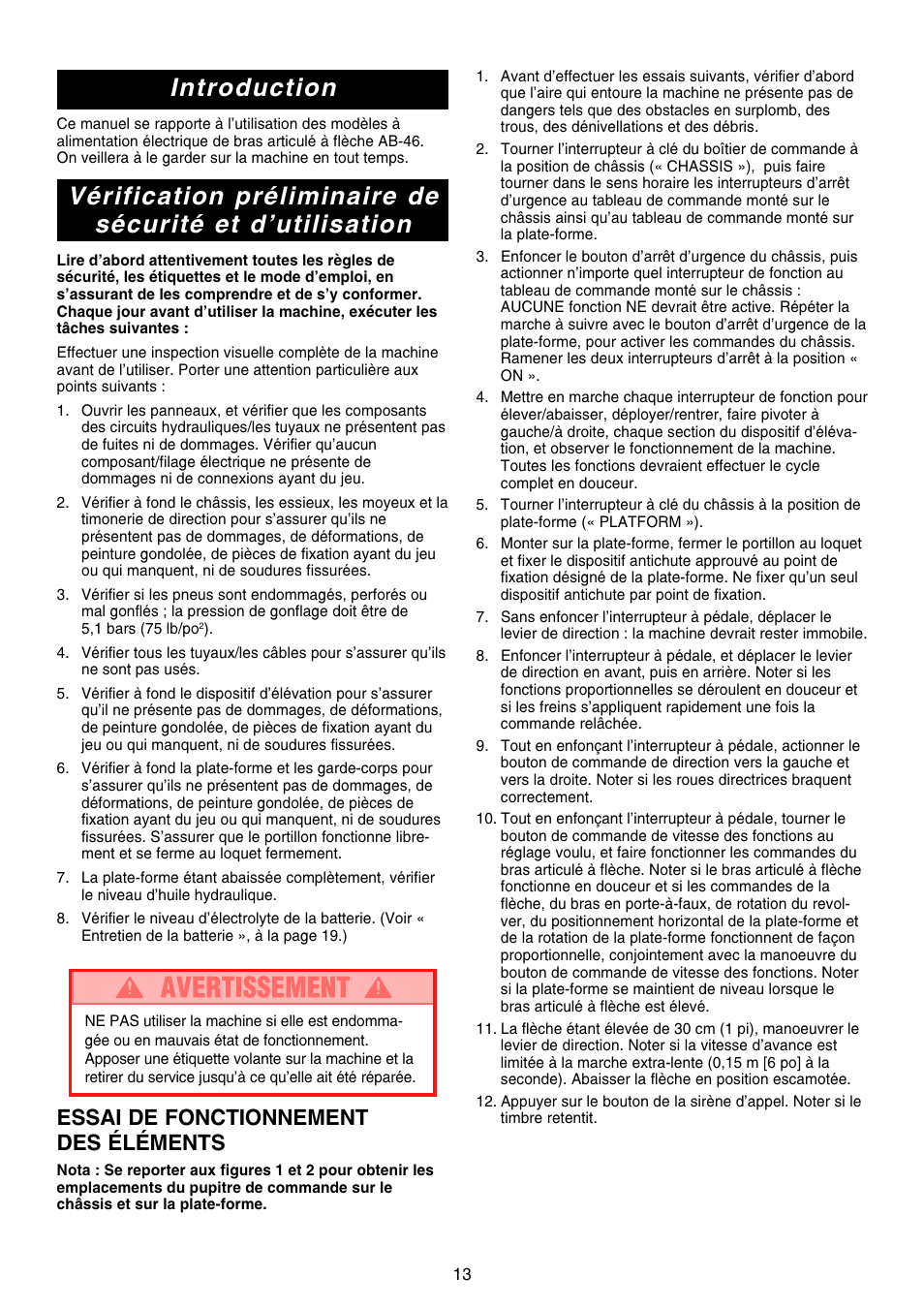 Introduction, Essai de fonctionnement des éléments | Snorkel AB46 Electric-sn1000+CE User Manual | Page 13 / 48