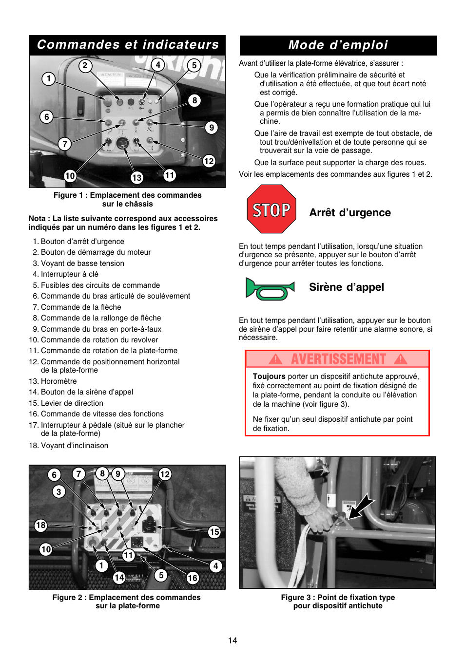 Mode demploi, Commandes et indicateurs, Arrêt durgence | Sirène dappel | Snorkel AB46 Electric-sn1000+CE User Manual | Page 14 / 48