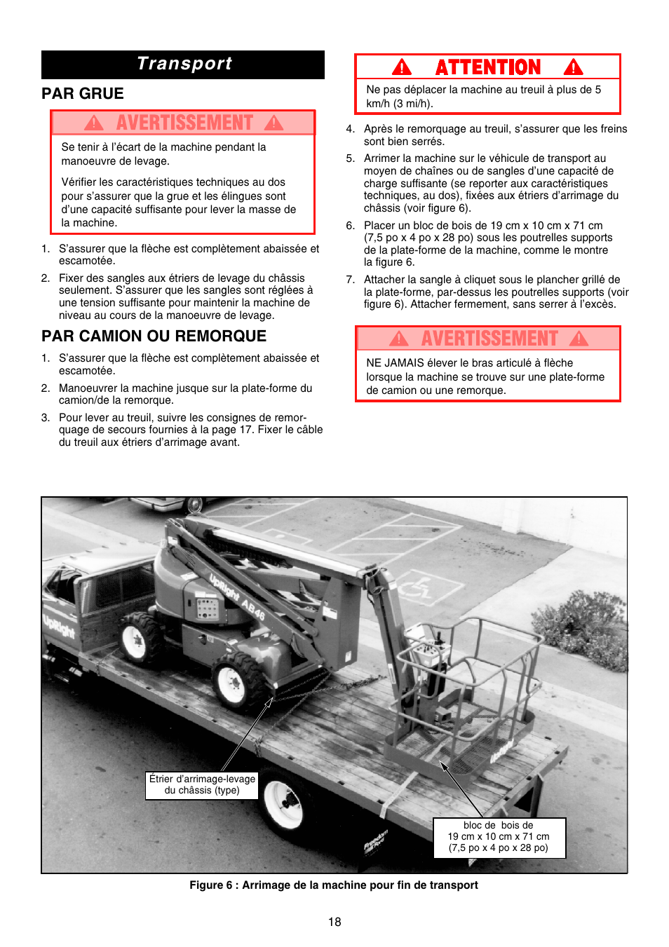 Transport, Par grue, Par camion ou remorque | Snorkel AB46 Electric-sn1000+CE User Manual | Page 18 / 48