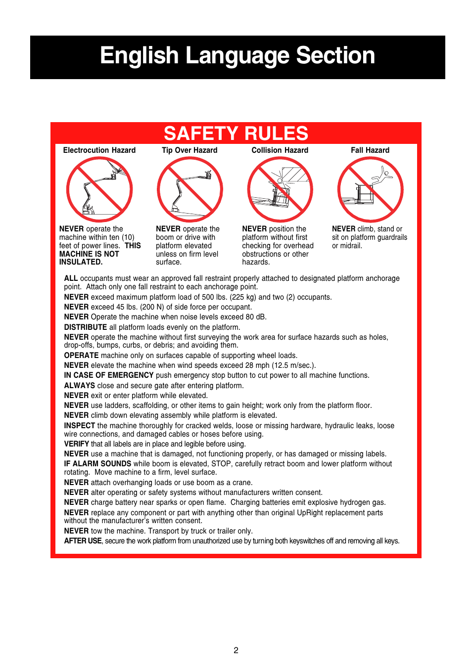 Safety rules | Snorkel AB46 Electric-sn1000+CE User Manual | Page 2 / 48