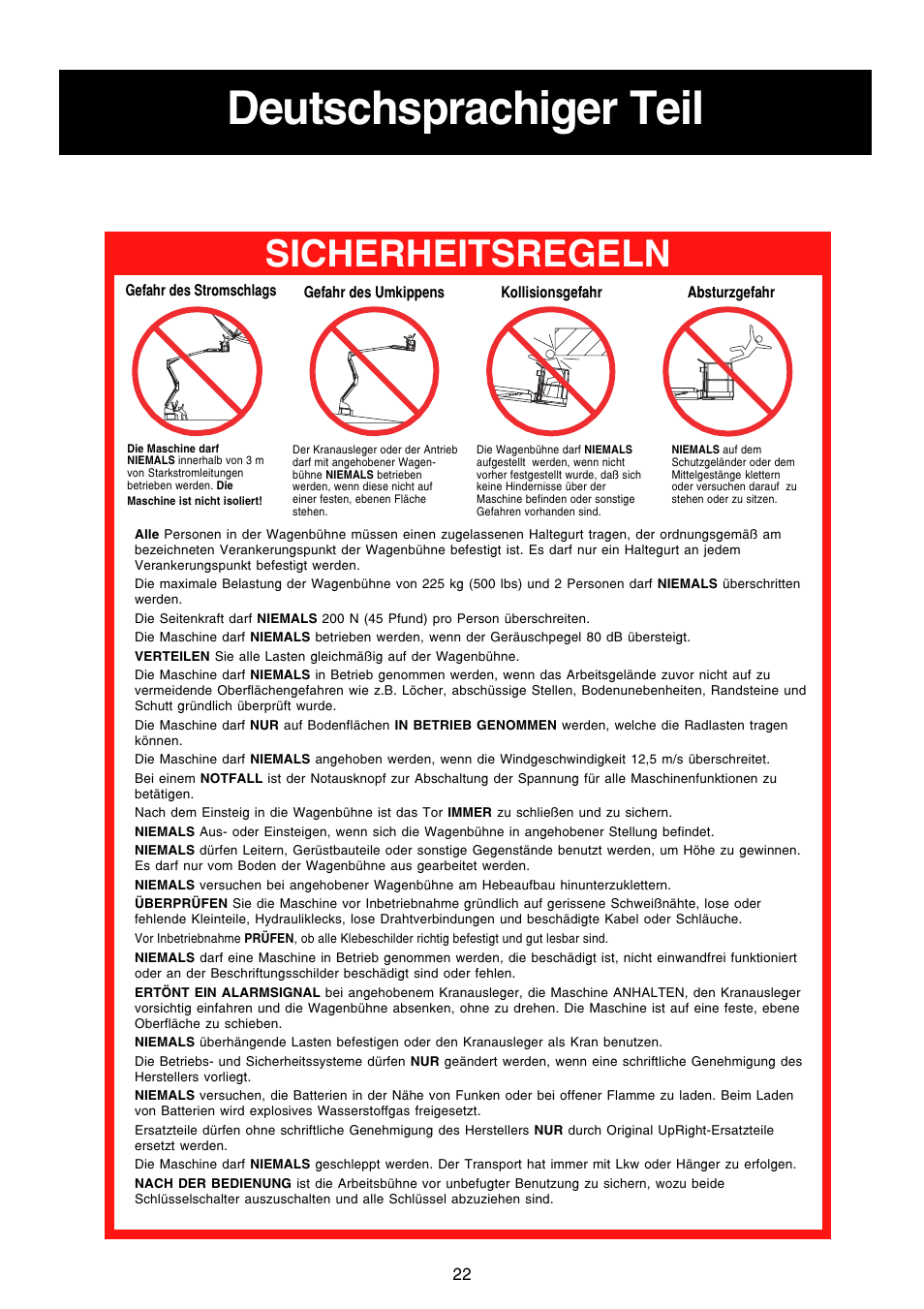 Deutschsprachiger teil, Sicherheitsregeln | Snorkel AB46 Electric-sn1000+CE User Manual | Page 22 / 48