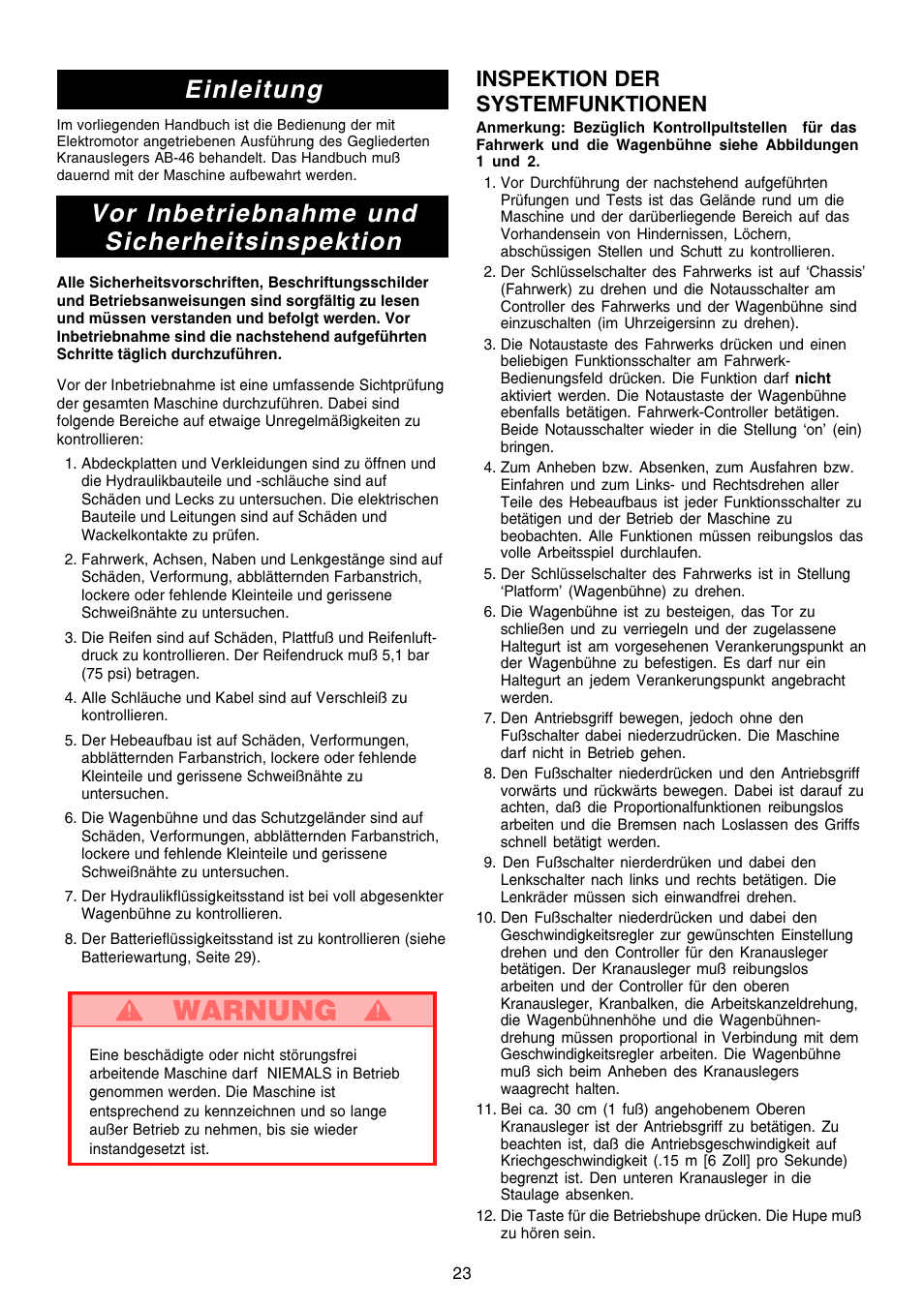 Einleitung, Vor inbetriebnahme und sicherheitsinspektion, Inspektion der systemfunktionen | Snorkel AB46 Electric-sn1000+CE User Manual | Page 23 / 48