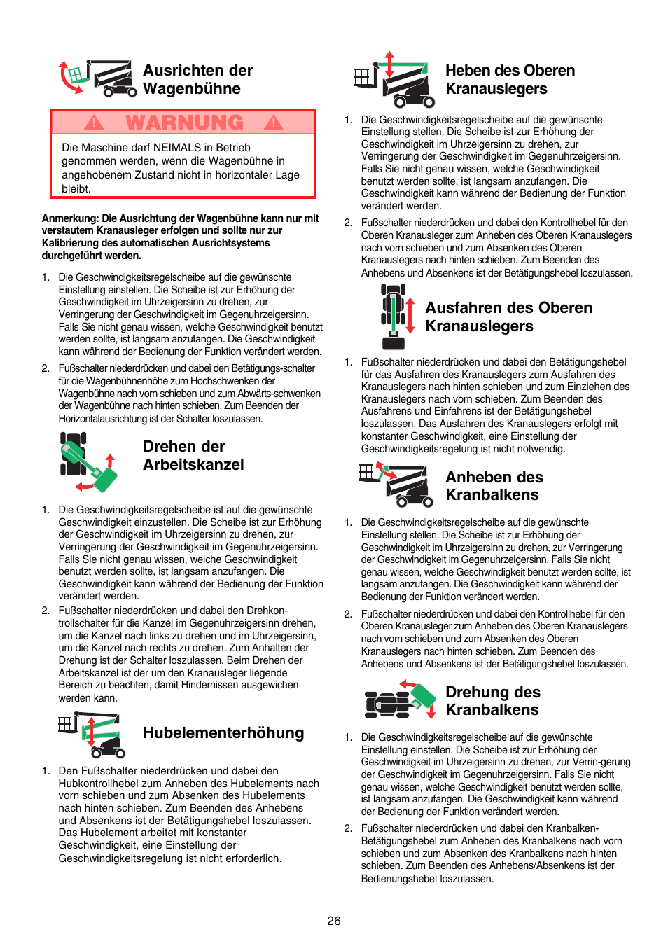 Heben des oberen kranauslegers, Ausfahren des oberen kranauslegers, Anheben des kranbalkens | Drehung des kranbalkens, Ausrichten der wagenbühne, Drehen der arbeitskanzel, Hubelementerhöhung | Snorkel AB46 Electric-sn1000+CE User Manual | Page 26 / 48