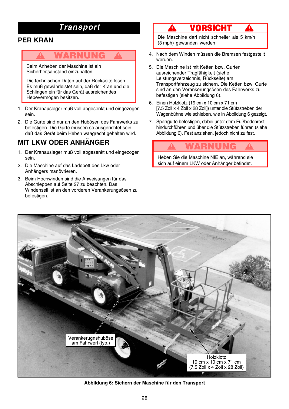 Transport, Per kran, Mit lkw oder anhänger | Snorkel AB46 Electric-sn1000+CE User Manual | Page 28 / 48