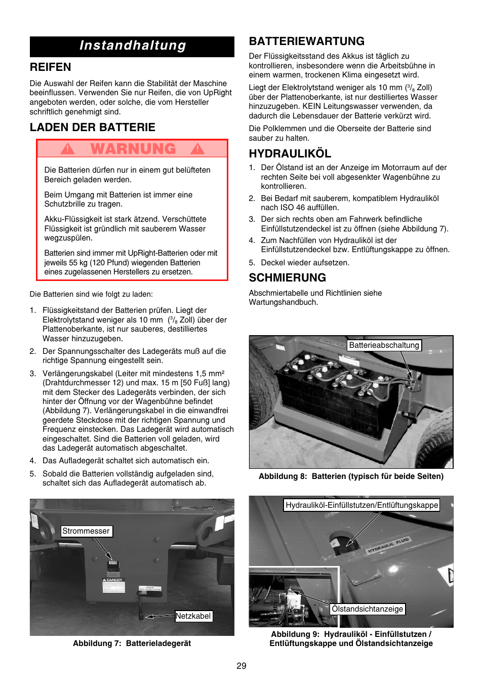 Instandhaltung, Batteriewartung, Hydrauliköl | Schmierung, Reifen, Laden der batterie | Snorkel AB46 Electric-sn1000+CE User Manual | Page 29 / 48