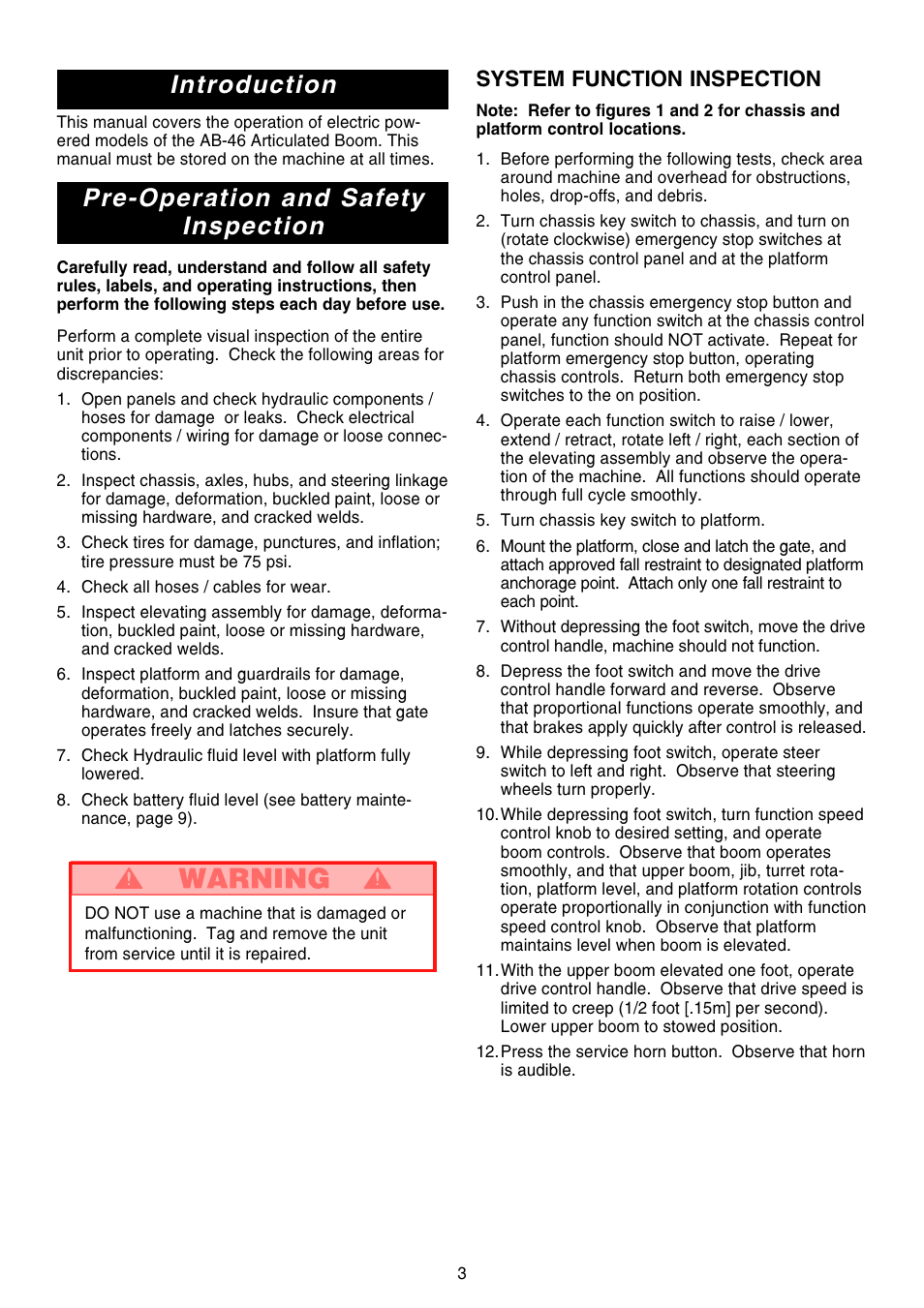 Introduction, Pre-operation and safety inspection, System function inspection | Snorkel AB46 Electric-sn1000+CE User Manual | Page 3 / 48