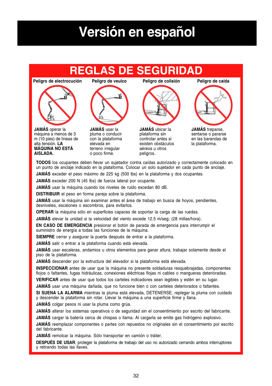 Versión en español, Reglas de seguridad | Snorkel AB46 Electric-sn1000+CE User Manual | Page 32 / 48