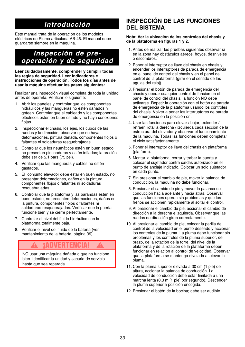 Introducción, Inspección de pre- operación y de seguridad, Inspección de las funciones del sistema | Snorkel AB46 Electric-sn1000+CE User Manual | Page 33 / 48