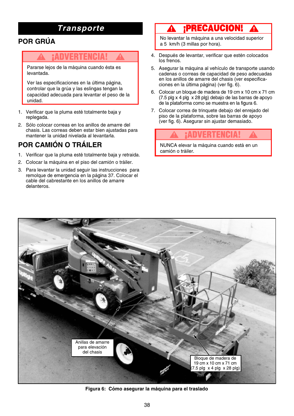 Transporte, Por grúa, Por camión o tráiler | Snorkel AB46 Electric-sn1000+CE User Manual | Page 38 / 48