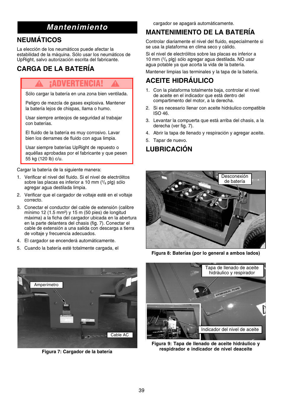 Mantenimiento, Neumáticos, Carga de la batería | Mantenimiento de la batería, Aceite hidráulico, Lubricación | Snorkel AB46 Electric-sn1000+CE User Manual | Page 39 / 48