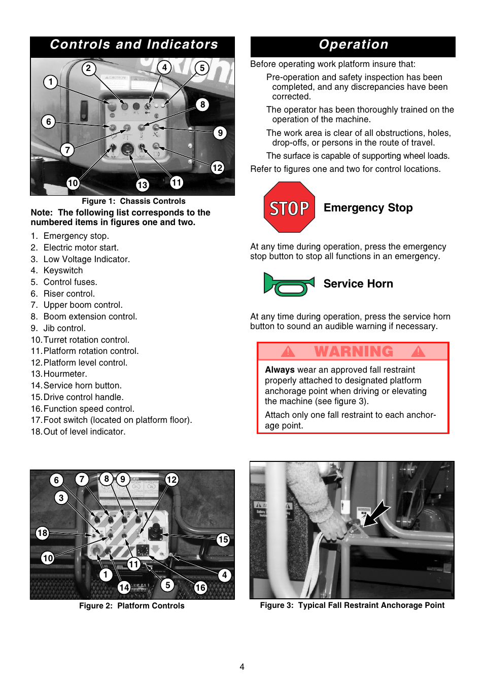 Operation, Controls and indicators, Emergency stop | Service horn | Snorkel AB46 Electric-sn1000+CE User Manual | Page 4 / 48