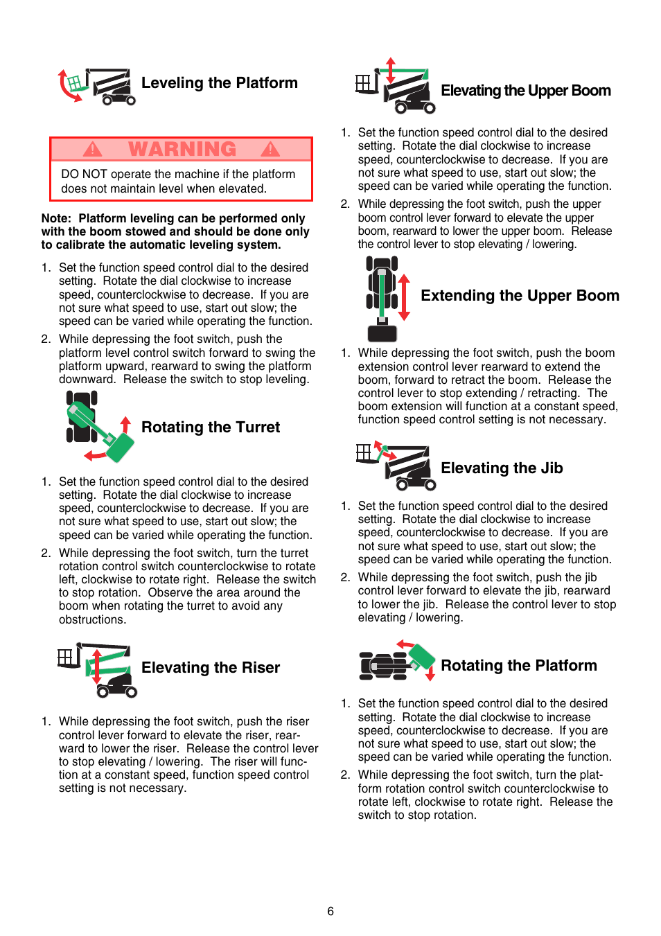 Elevating the upper boom, Extending the upper boom, Elevating the jib | Rotating the platform, Leveling the platform, Rotating the turret, Elevating the riser | Snorkel AB46 Electric-sn1000+CE User Manual | Page 6 / 48