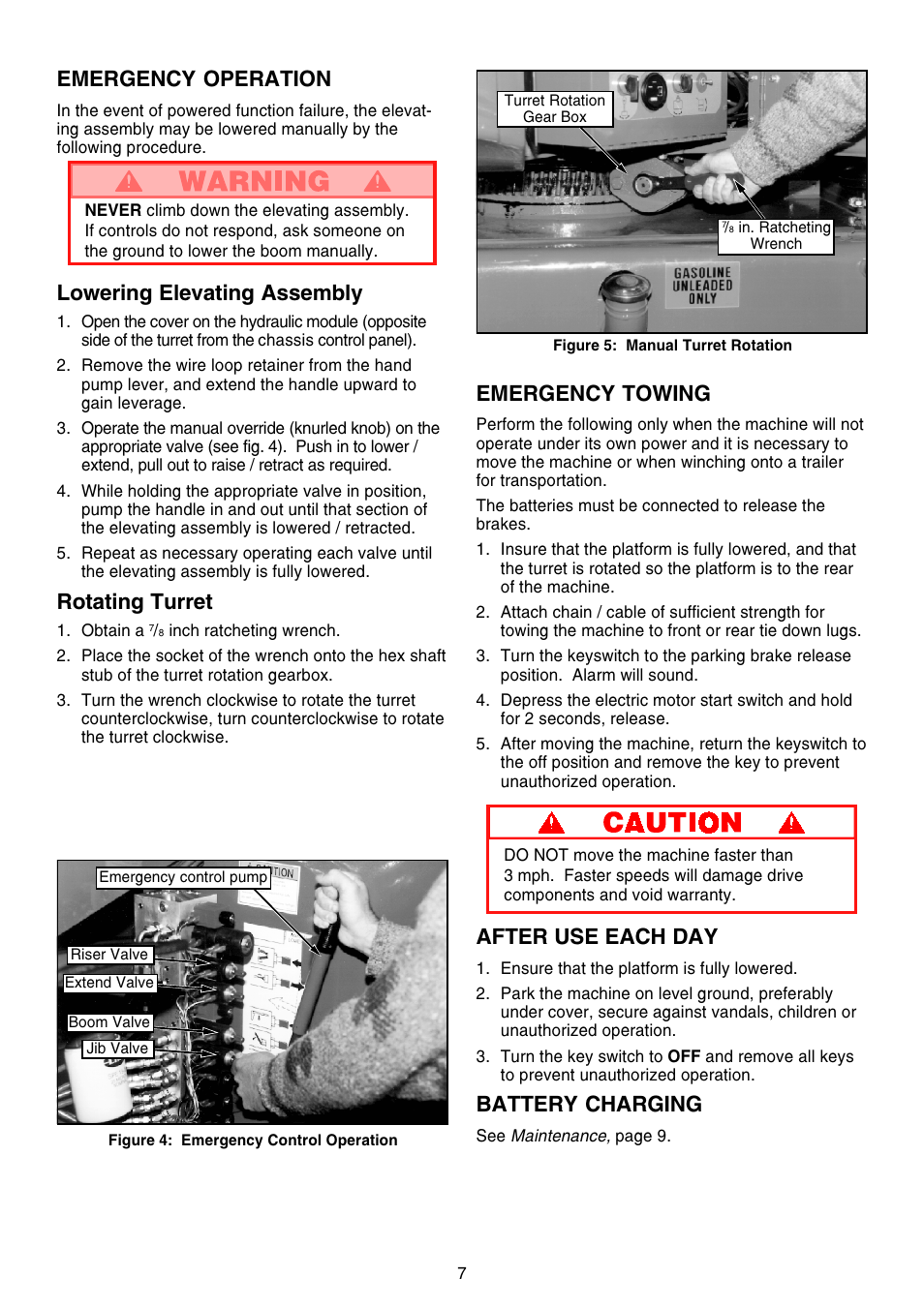 Emergency operation, Lowering elevating assembly, Rotating turret | Emergency towing, After use each day, Battery charging | Snorkel AB46 Electric-sn1000+CE User Manual | Page 7 / 48