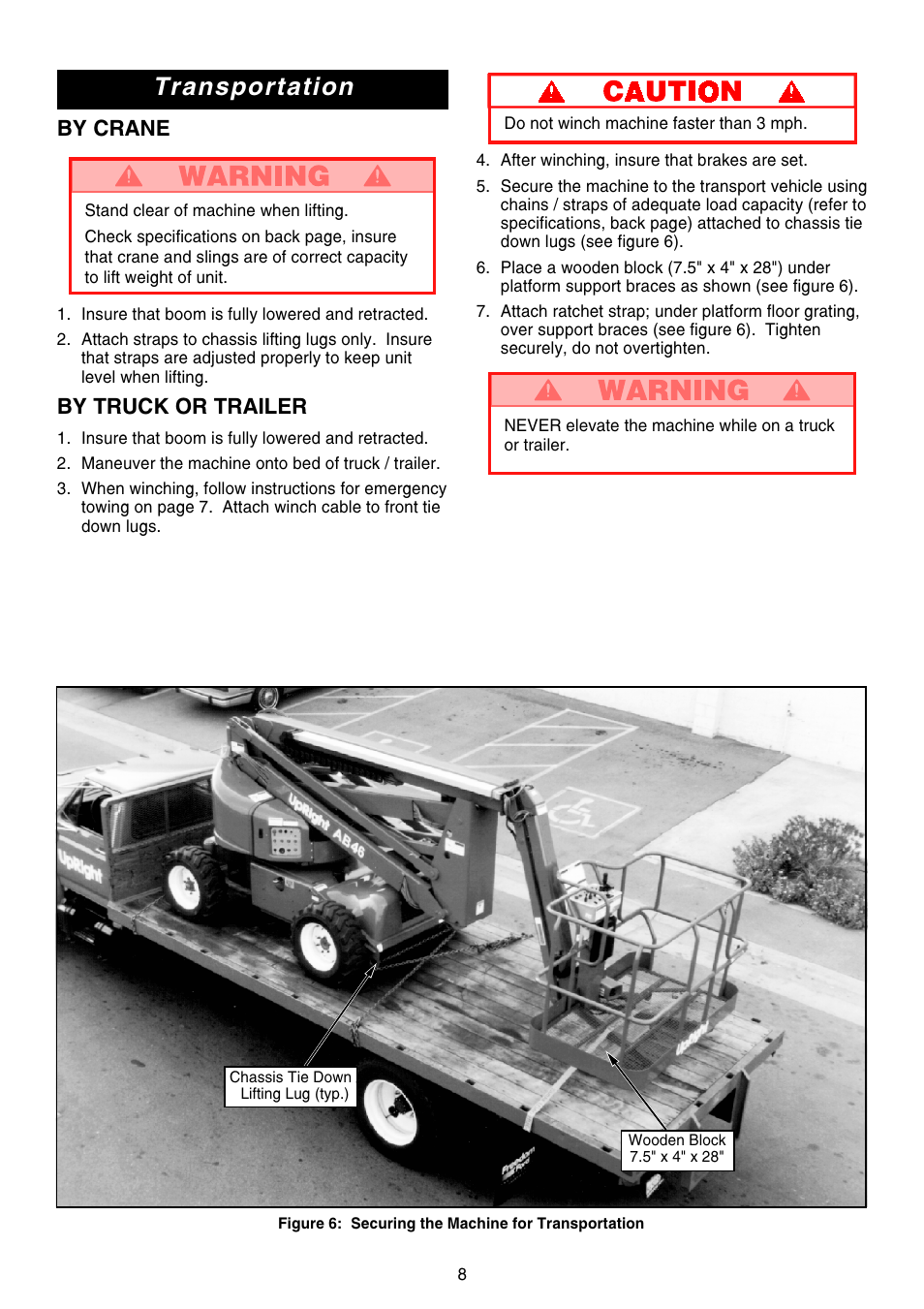 Transportation, By crane, By truck or trailer | Snorkel AB46 Electric-sn1000+CE User Manual | Page 8 / 48