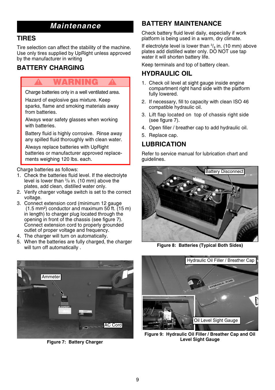 Maintenance, Tires, Battery charging | Battery maintenance, Hydraulic oil, Lubrication | Snorkel AB46 Electric-sn1000+CE User Manual | Page 9 / 48