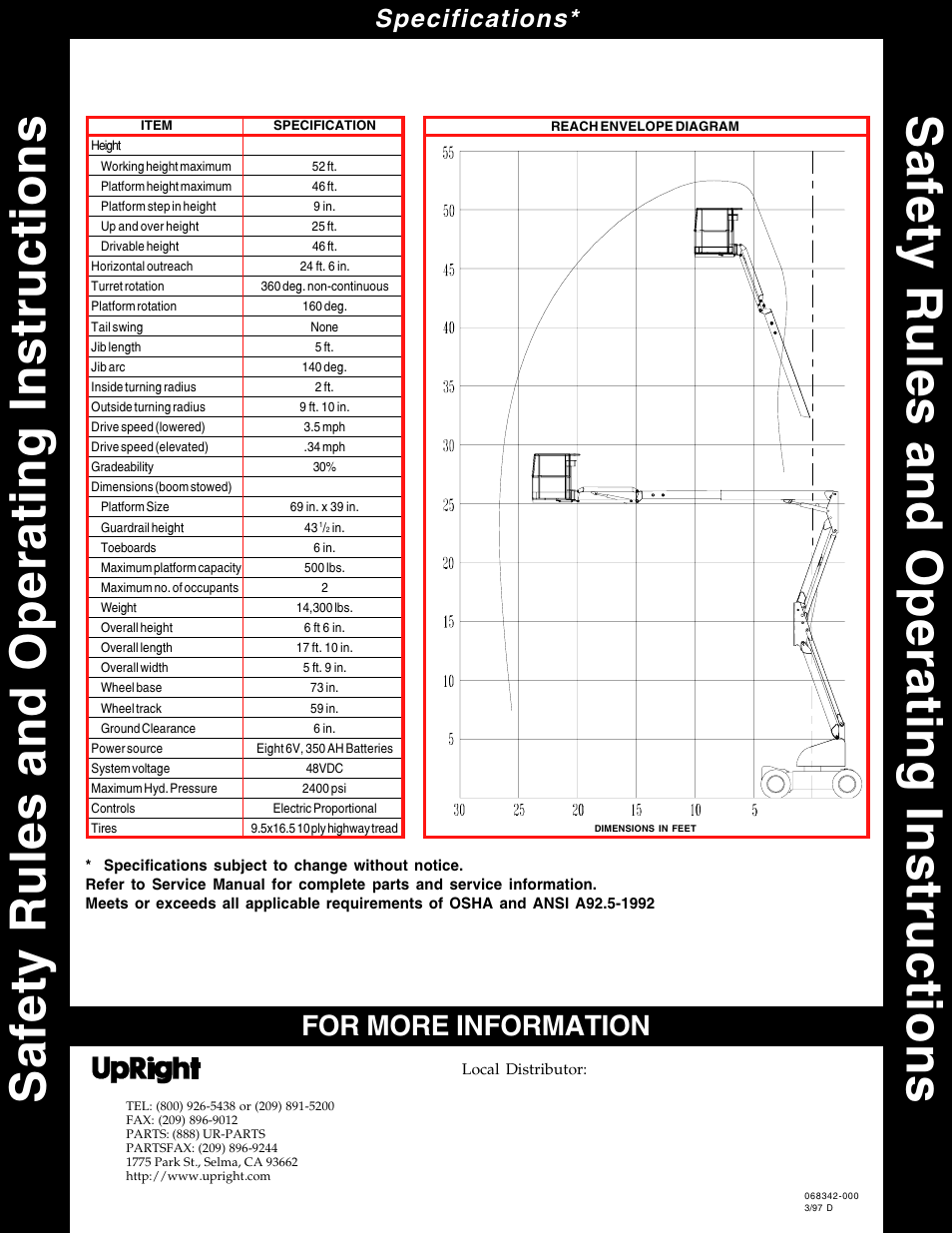Safety rules and operating instructions, For more information, Specifications | Snorkel AB46 Electric-sn1000+ANSI User Manual | Page 12 / 12
