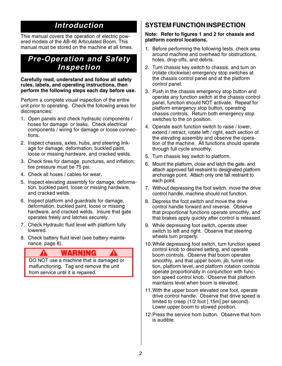 Introduction, Pre-operation and safety inspection, System function inspection | Snorkel AB46 Electric-sn1000+ANSI User Manual | Page 2 / 12