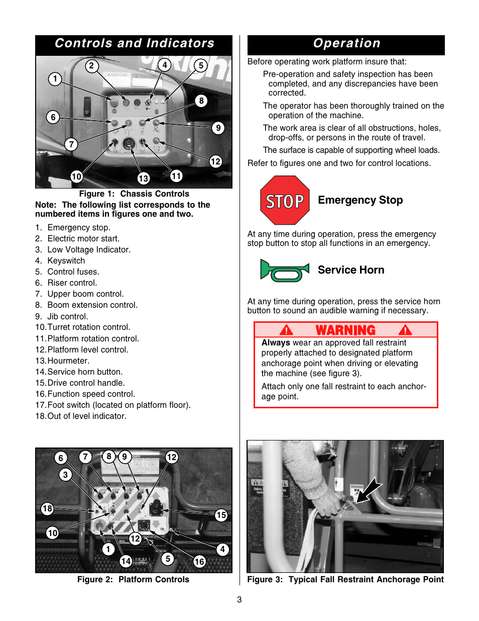 Operation, Controls and indicators, Emergency stop | Service horn | Snorkel AB46 Electric-sn1000+ANSI User Manual | Page 3 / 12