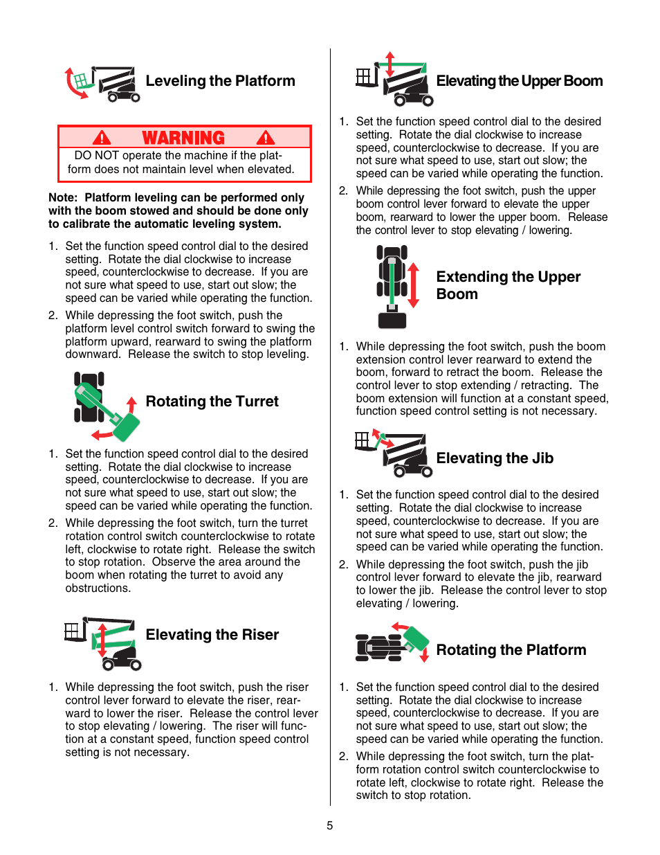 Elevating the upper boom, Extending the upper boom, Elevating the jib | Rotating the platform, Leveling the platform, Rotating the turret, Elevating the riser | Snorkel AB46 Electric-sn1000+ANSI User Manual | Page 5 / 12