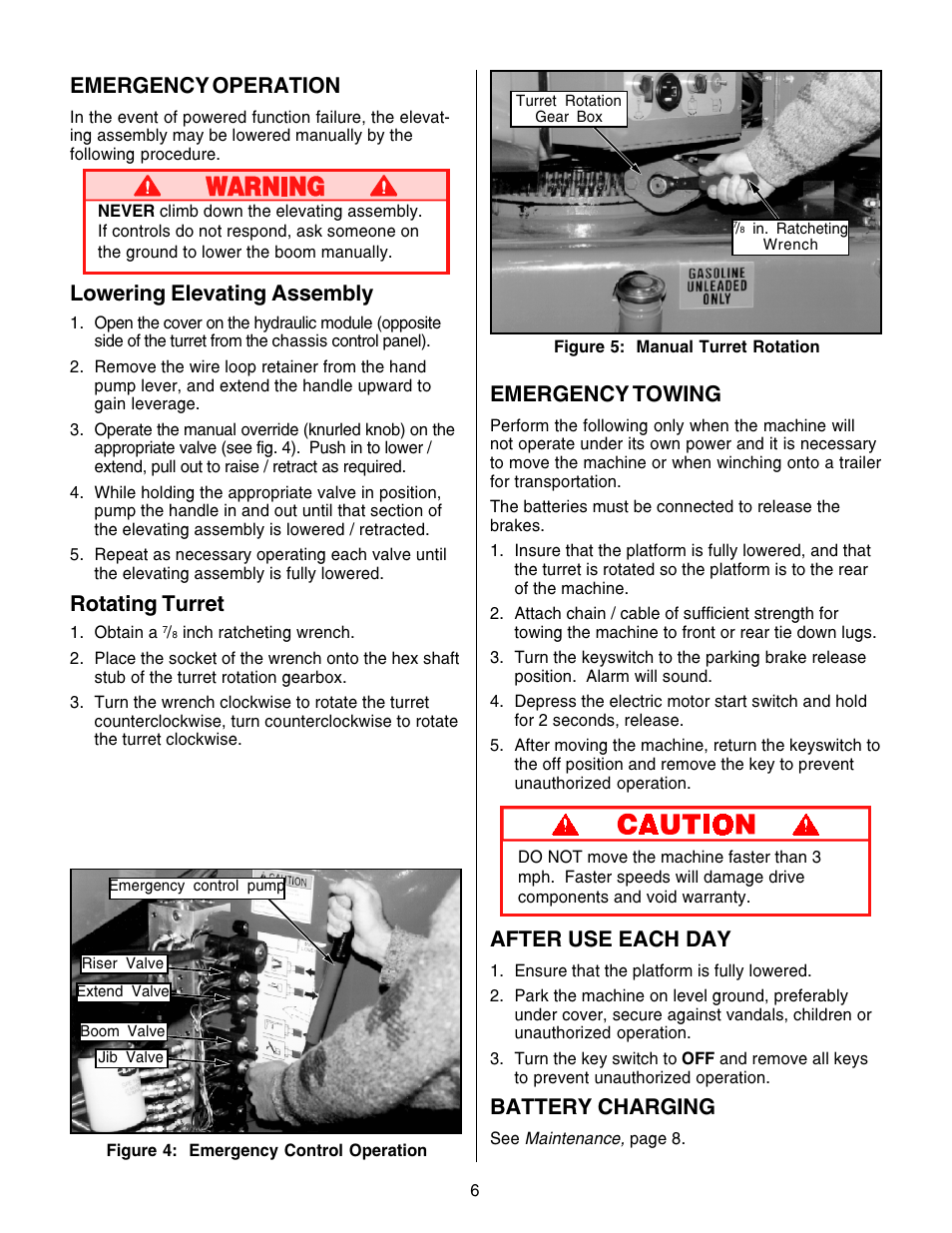 Emergency operation, Lowering elevating assembly, Rotating turret | Emergency towing, After use each day, Battery charging | Snorkel AB46 Electric-sn1000+ANSI User Manual | Page 6 / 12