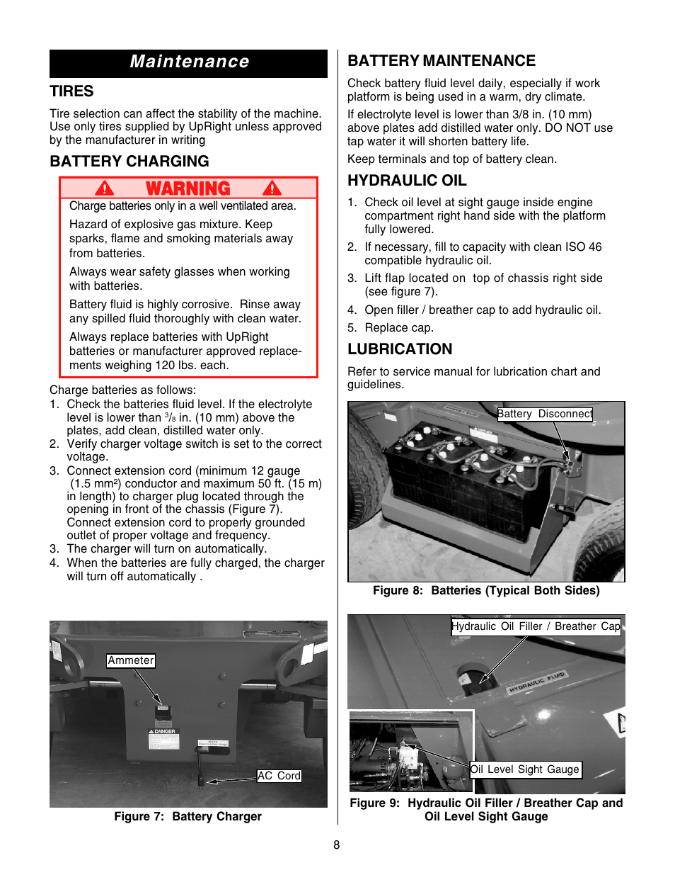 Maintenance, Tires, Battery charging | Battery maintenance, Hydraulic oil, Lubrication | Snorkel AB46 Electric-sn1000+ANSI User Manual | Page 8 / 12