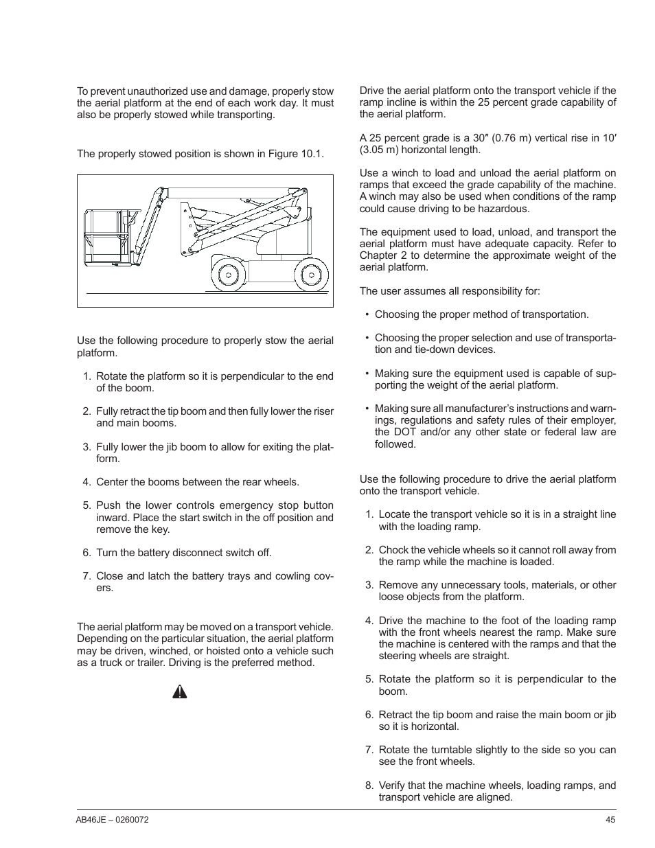 Chapter 10 – stowing and transporting, Danger | Snorkel AB46JE User Manual | Page 49 / 62