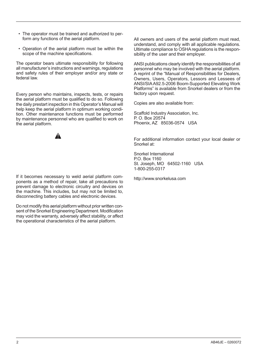 Caution | Snorkel AB46JE User Manual | Page 6 / 62