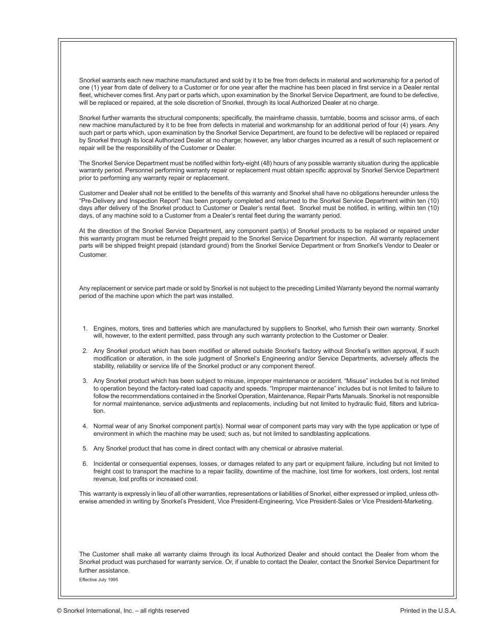 Limited warranty, Replacement parts warranty | Snorkel AB46JE User Manual | Page 61 / 62