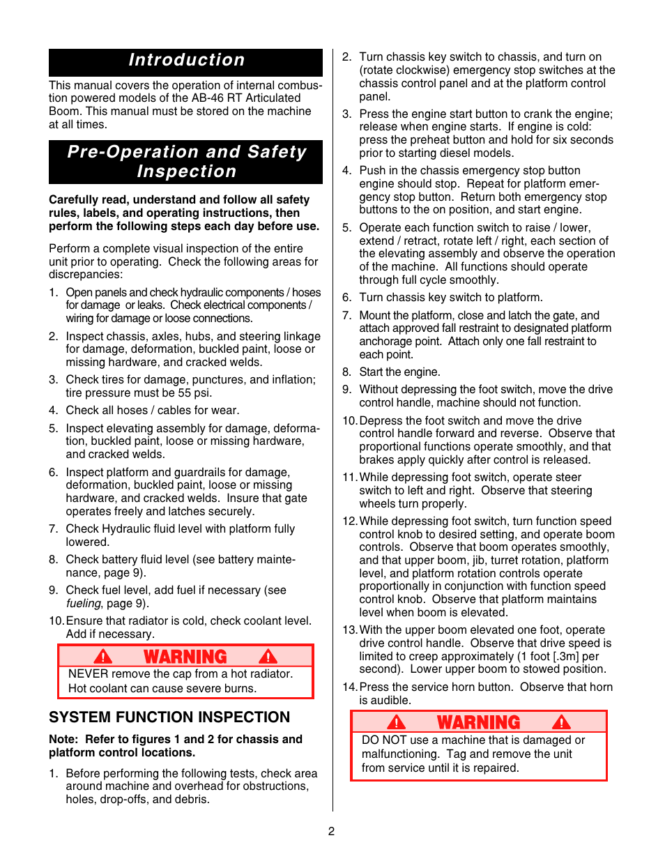 Introduction, Pre-operation and safety inspection, System function inspection | Snorkel AB46RT-sn1000+ANSI User Manual | Page 2 / 16