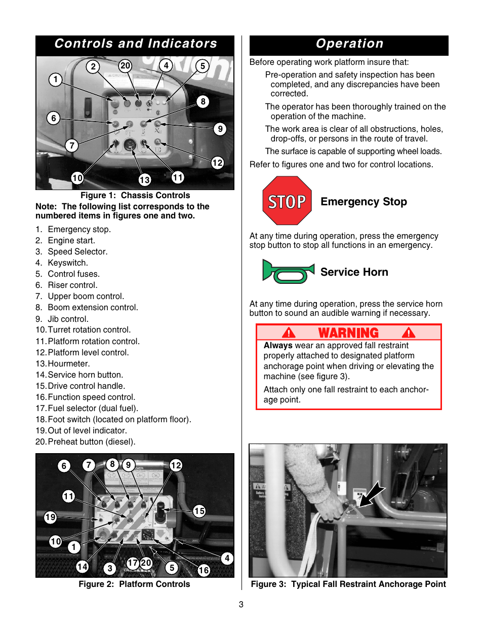 Controls and indicators, Operation, Emergency stop | Service horn | Snorkel AB46RT-sn1000+ANSI User Manual | Page 3 / 16