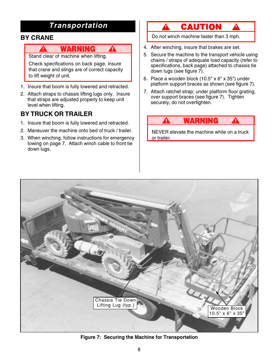 Transportation, By crane, By truck or trailer | Snorkel AB46RT-sn1000+ANSI User Manual | Page 8 / 16