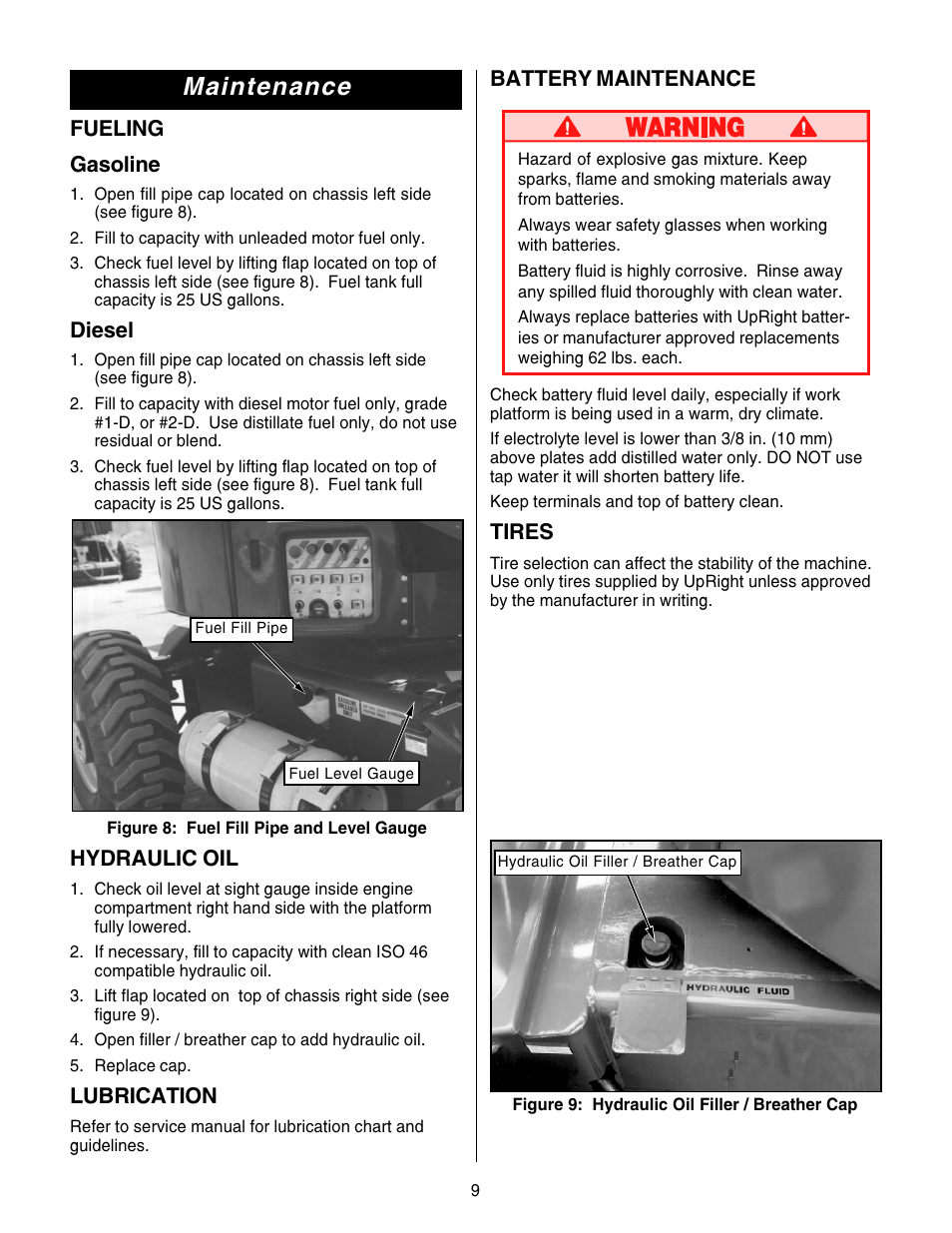 Maintenance, Fueling gasoline, Diesel | Battery maintenance, Tires, Hydraulic oil, Lubrication | Snorkel AB46RT-sn1000+ANSI User Manual | Page 9 / 16