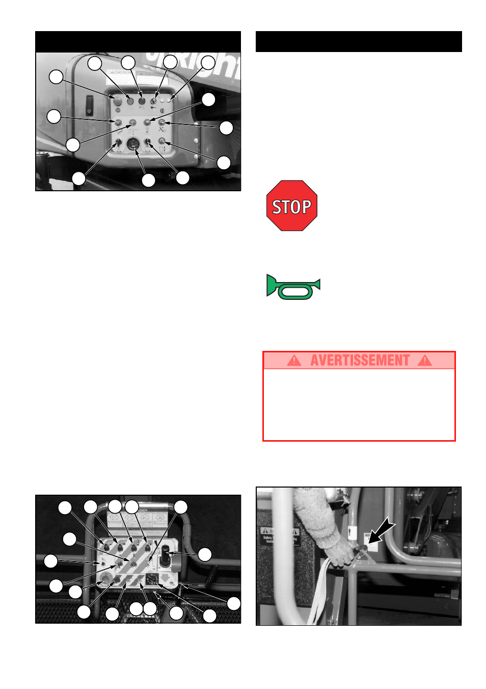 Mode d’emploi, Commandes et indicateurs, Arrêt d’urgence | Sirène d’appel | Snorkel AB46RT-sn1000+CE User Manual | Page 15 / 48