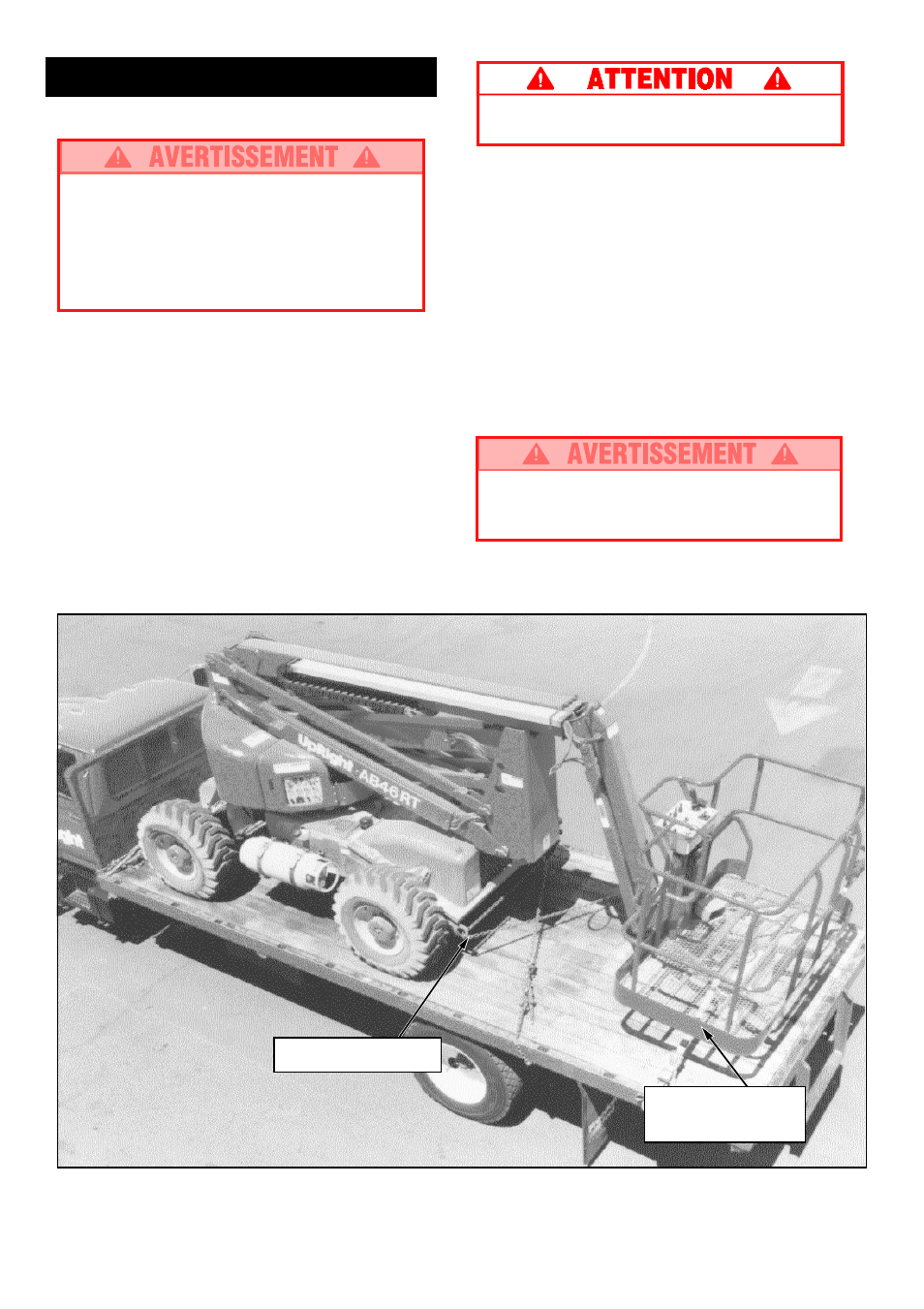 Transport, Par grue, Par camion ou remorque | Snorkel AB46RT-sn1000+CE User Manual | Page 20 / 48