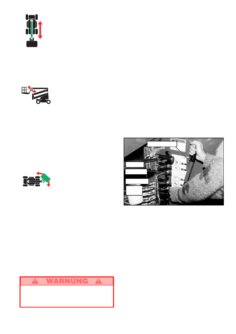 Ausfahren des auslegers, Heben des plattformarms, Schwenken der arbeitsbühne | Notbetrieb, Absenken des hubgestells, Schwenken des drehgestells | Snorkel AB46RT-sn1000+CE User Manual | Page 29 / 48