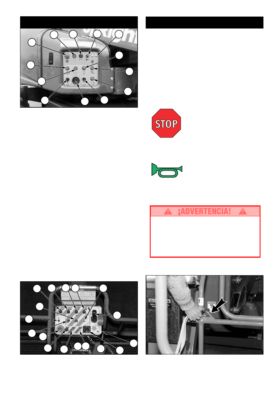 Operación, Controles e indicadores, Parada de emergencia | Bocina de servicio | Snorkel AB46RT-sn1000+CE User Manual | Page 37 / 48