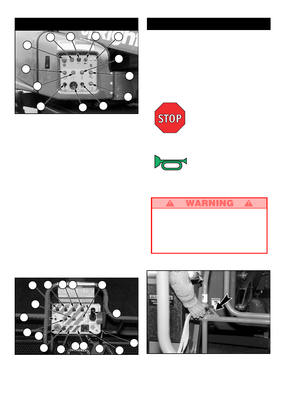 Operation, Controls and indicators, Emergency stop | Service horn | Snorkel AB46RT-sn1000+CE User Manual | Page 4 / 48