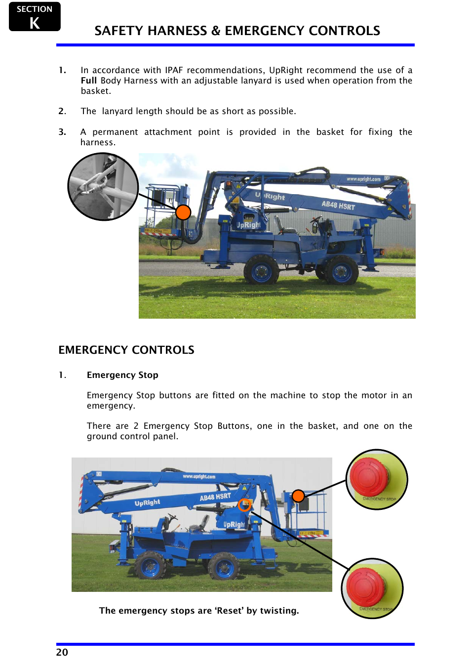Safety harness & emergency controls, Emergency controls | Snorkel AB48HSRT-sn4611+ User Manual | Page 22 / 32