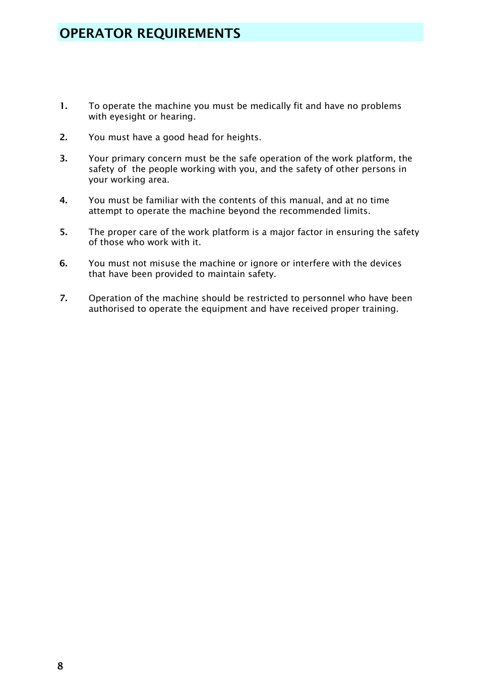 Operator requirements | Snorkel AB48HSRT-sn4701+ User Manual | Page 10 / 32