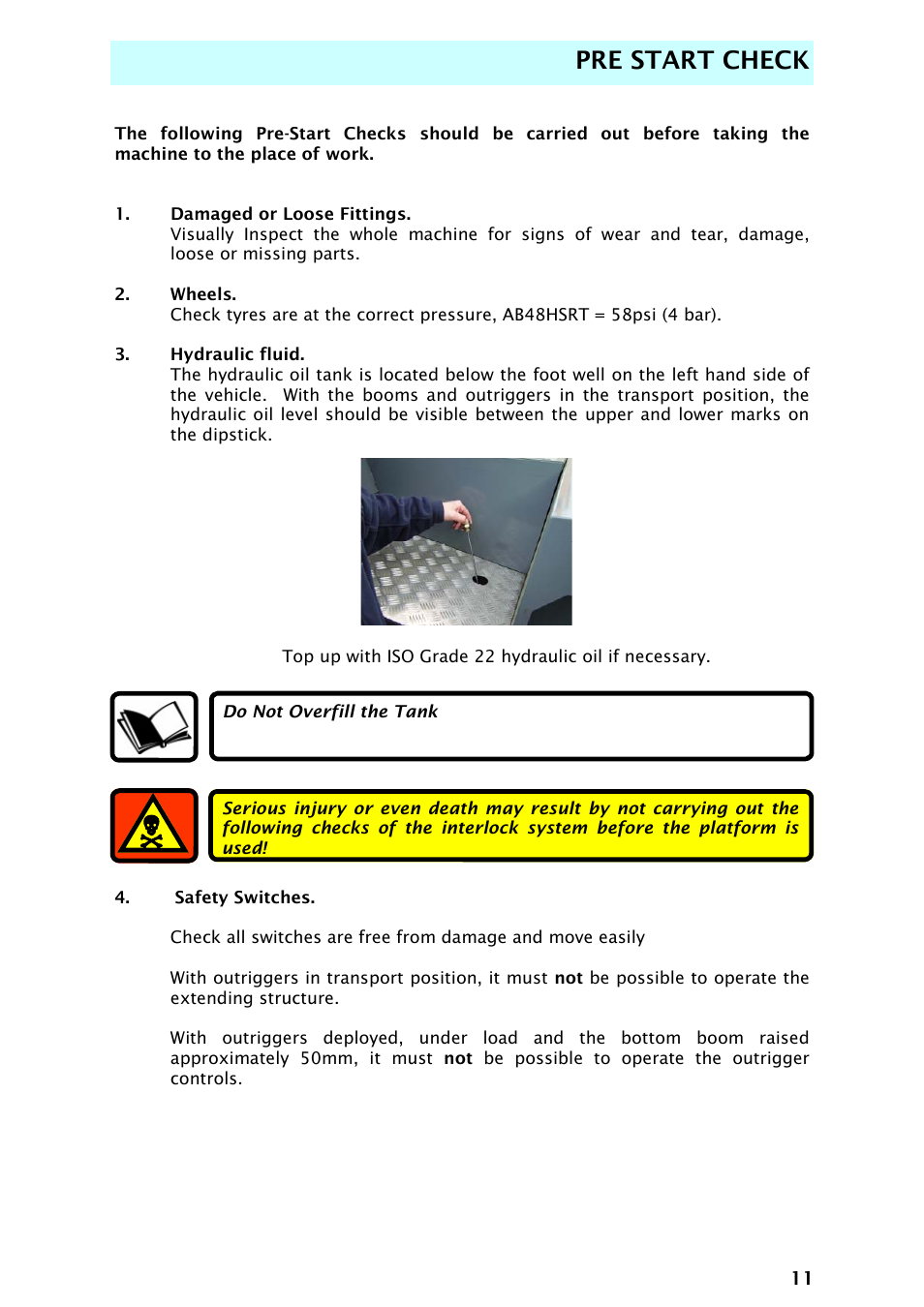 Pre start check | Snorkel AB48HSRT-sn4701+ User Manual | Page 13 / 32