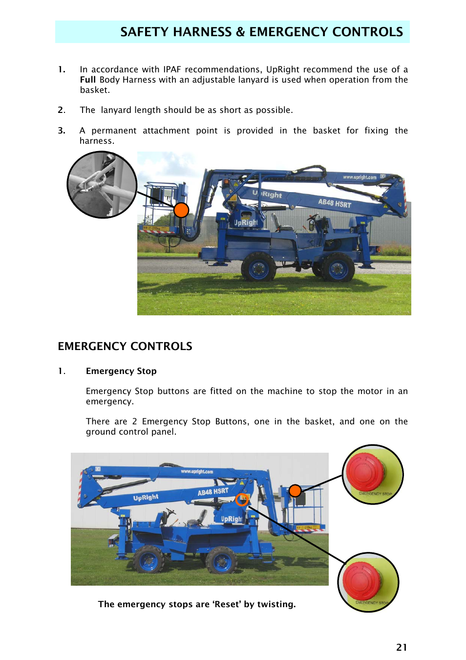 Safety harness & emergency controls, Emergency controls | Snorkel AB48HSRT-sn4701+ User Manual | Page 23 / 32