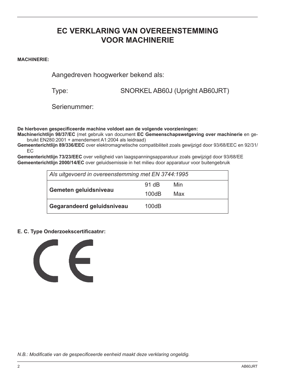 Ec verklaring van overeenstemming voor machinerie | Snorkel AB60JRT-sn10000+ User Manual | Page 100 / 122