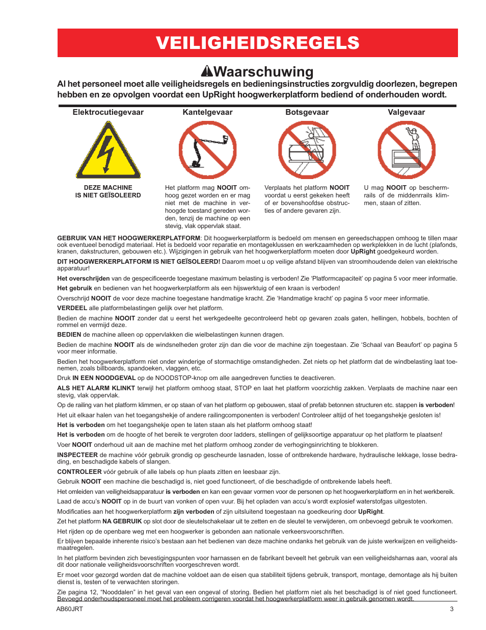 Veiligheidsregels, A waarschuwing | Snorkel AB60JRT-sn10000+ User Manual | Page 101 / 122
