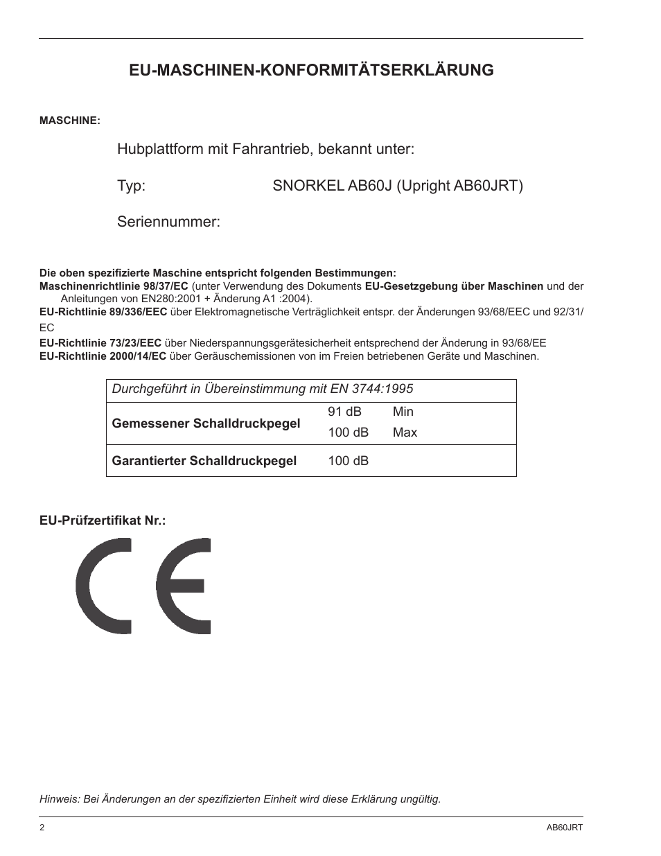 Eu-maschinen-konformitätserklärung | Snorkel AB60JRT-sn10000+ User Manual | Page 28 / 122