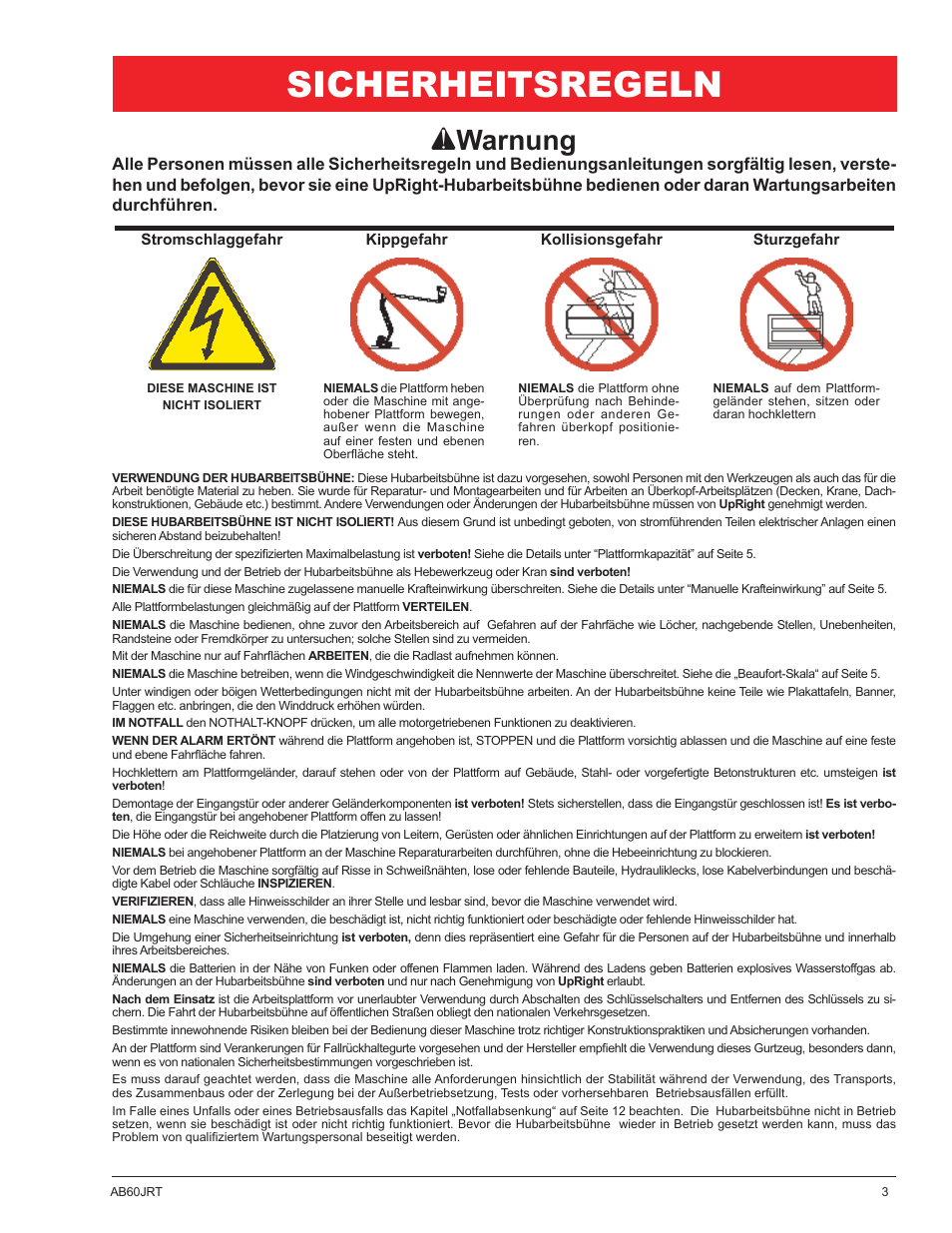 Sicherheitsregeln, A warnung | Snorkel AB60JRT-sn10000+ User Manual | Page 29 / 122