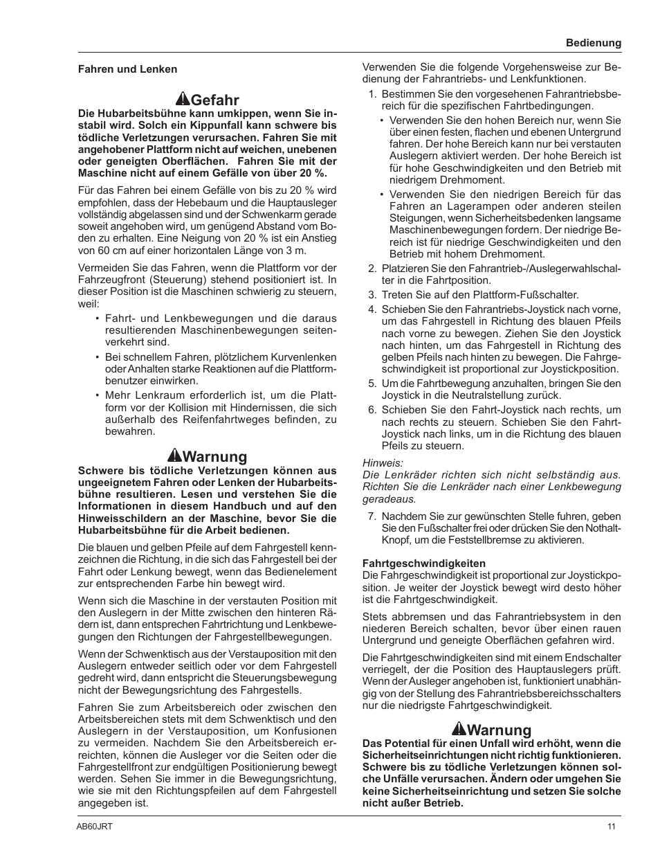 Gefahr, Warnung | Snorkel AB60JRT-sn10000+ User Manual | Page 37 / 122