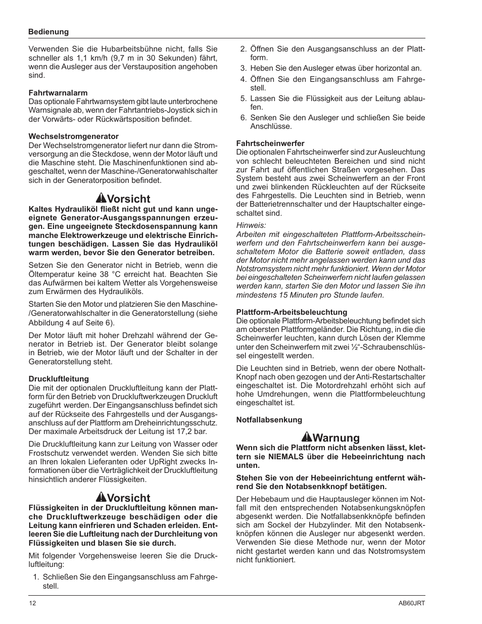 Vorsicht, Warnung | Snorkel AB60JRT-sn10000+ User Manual | Page 38 / 122