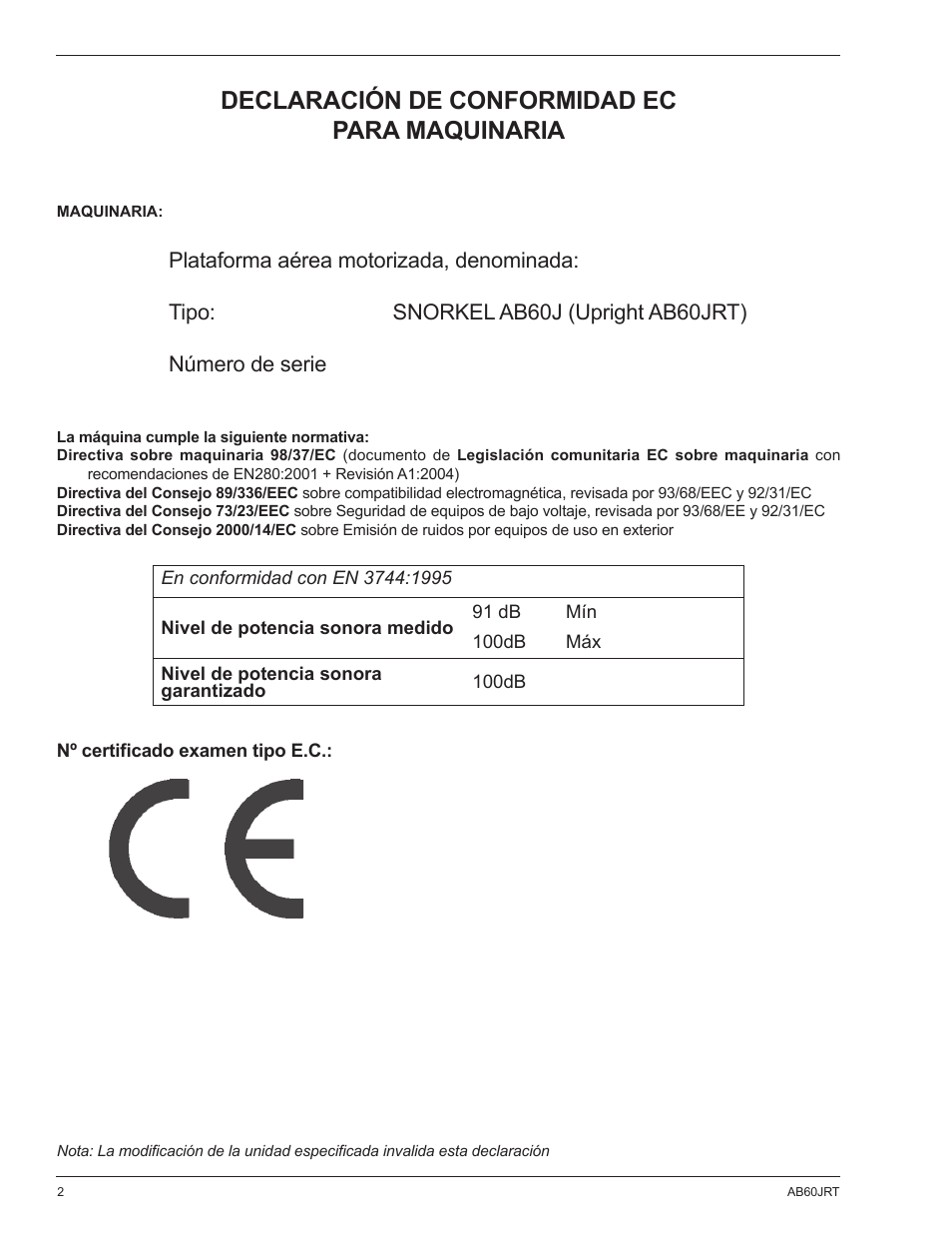 Declaración de conformidad ec para maquinaria | Snorkel AB60JRT-sn10000+ User Manual | Page 52 / 122