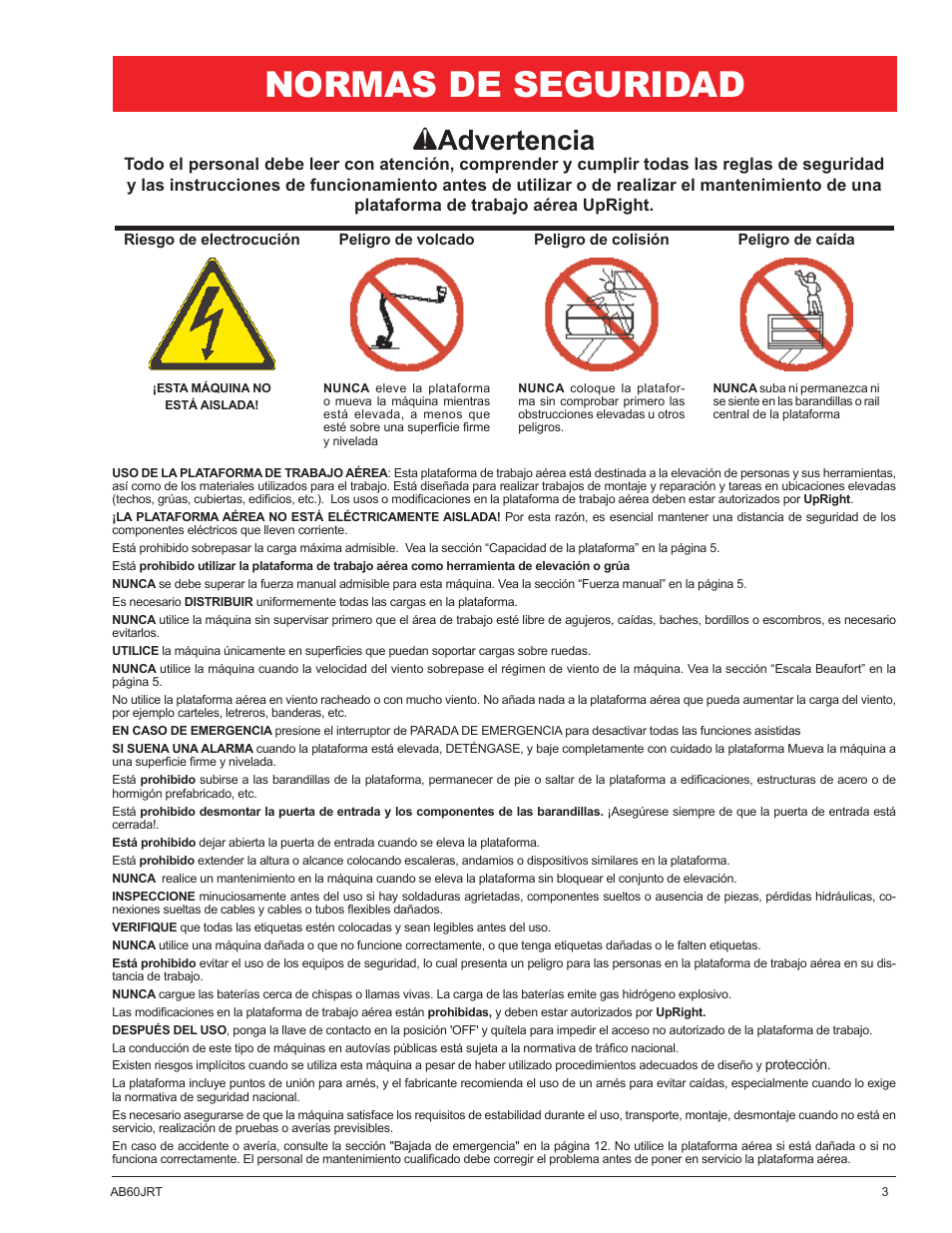 Normas de seguridad, A advertencia | Snorkel AB60JRT-sn10000+ User Manual | Page 53 / 122